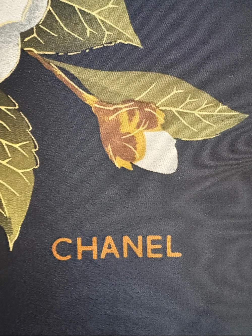 Vintage Chanel Camellia Print Silk Scarf. Black, Gold and White.